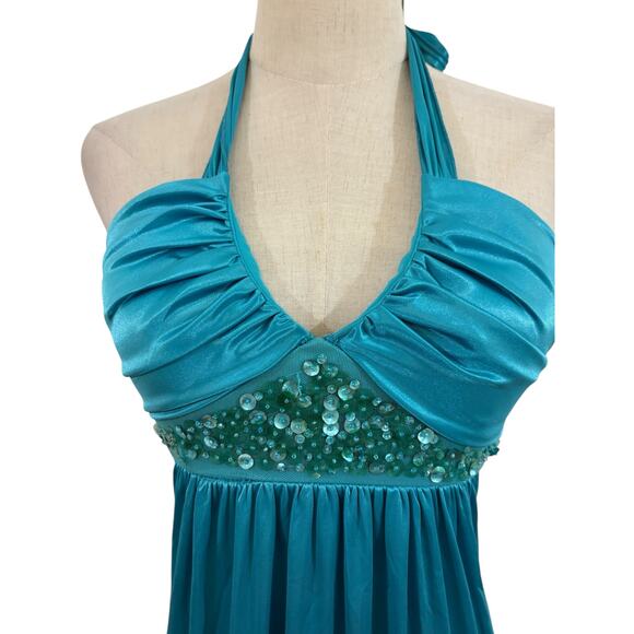 Y2K City Triangles Dress Turquoise Blue Halter Maxi Beaded Sequin Empire Waist S - Picture 2 of 7